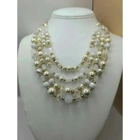 Liz Claiborne Cream Vanilla Goldtone Acrylic Beads Multi Strand Necklace - Picture 2 of 7